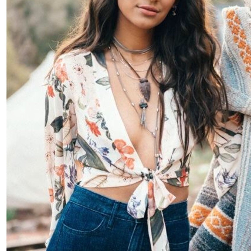 Show Me Your Mumu Jordyn Tie Top Small S Floral Chiffon Bell Sleeve Crop Blouse - Picture 1 of 9
